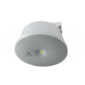 Grijze plafonnière met een enkele LED-lamp in het midden en ventilatieopeningen aan de zijkant.